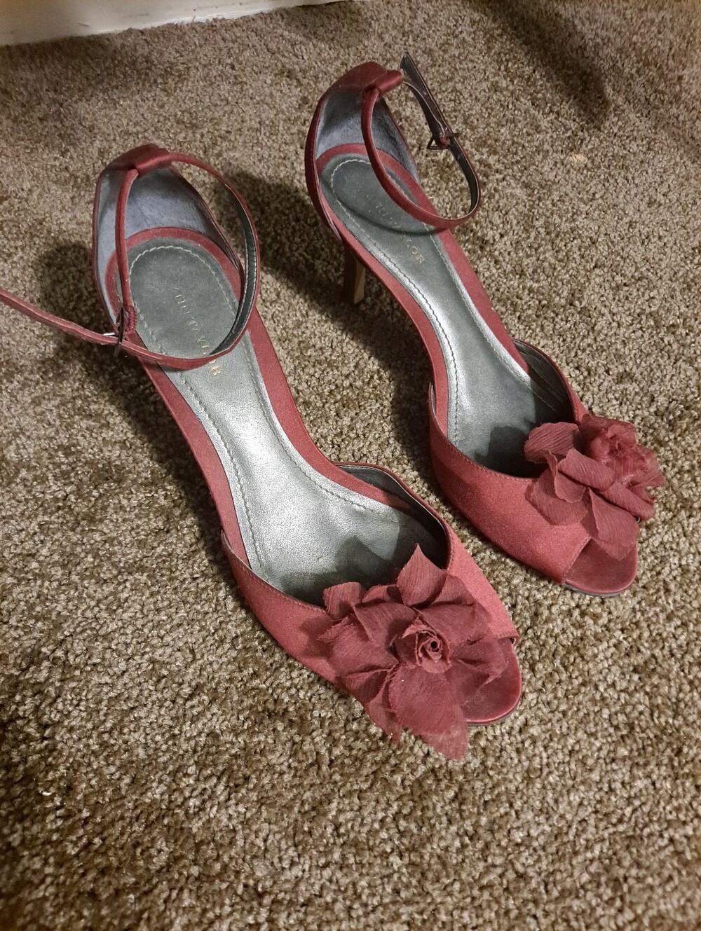Ann Taylor Red Peep-Toe Ankle Strap Heels With Floral Accent